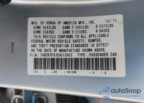 2014 Honda Accord Ex-L V-6 из США, поврежденный, VIN 1HGCR3F87EA010853